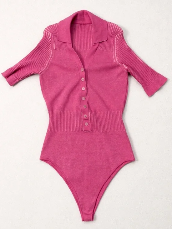Jacquemus Le Body Yauco Polo Bodysuit Size S Pink Knit Buttons Stretch Barbie - Picture 9 of 11
